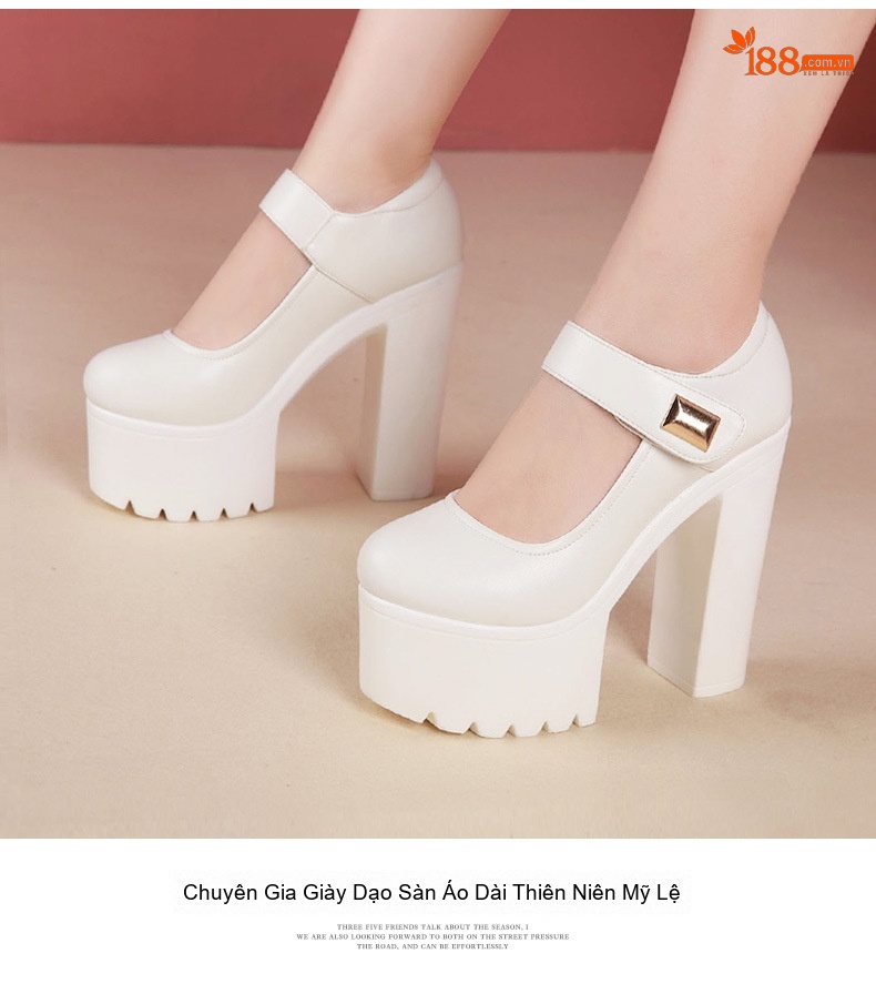 Giày Cao Gót Nữ Quai Dán Da Bóng Chiều Cao Đế Khoảng 10cm Màu Đen, Trắng chi tiết 12