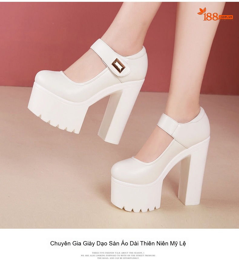 Giày Cao Gót Nữ Quai Dán Da Bóng Chiều Cao Đế Khoảng 10cm Màu Đen, Trắng chi tiết 13