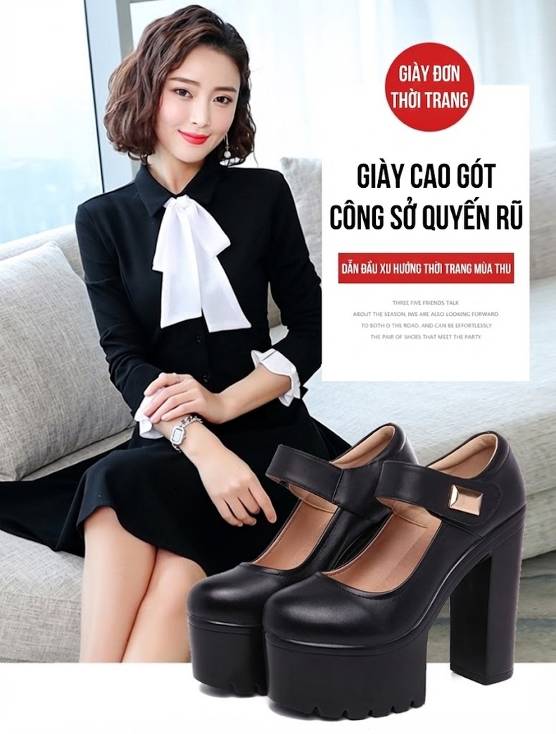 Giày Cao Gót Nữ Quai Dán Da Bóng Chiều Cao Đế Khoảng 10cm Màu Đen, Trắng chi tiết 1