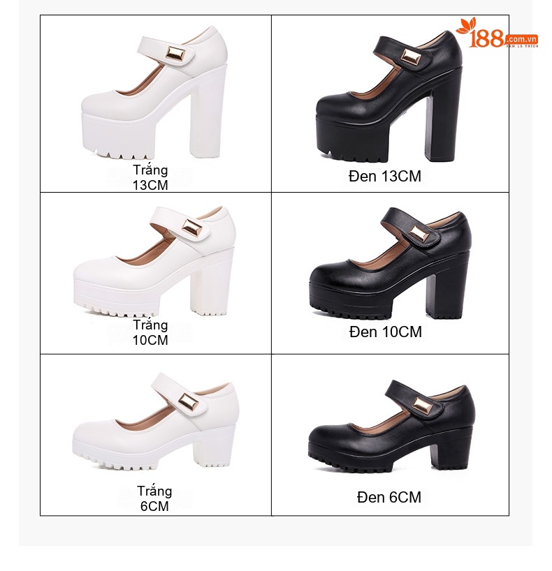 Giày Cao Gót Nữ Quai Dán Da Bóng Chiều Cao Đế Khoảng 10cm Màu Đen, Trắng chi tiết 3