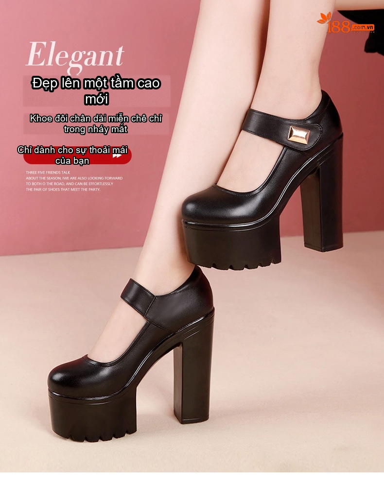 Giày Cao Gót Nữ Quai Dán Da Bóng Chiều Cao Đế Khoảng 10cm Màu Đen, Trắng chi tiết 4