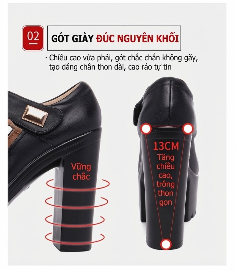 Giày Cao Gót Nữ Quai Dán Da Bóng Chiều Cao Đế Khoảng 10cm Màu Đen, Trắng chi tiết 6