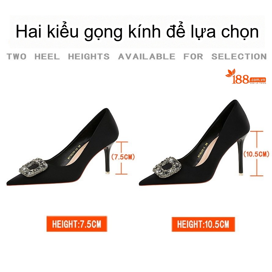 Giày Cao Gót Nữ Quai Kim Loại Đính Đá Chiều Cao Đế 7.5cm Chất Liệu Lụa Satin Màu Đen