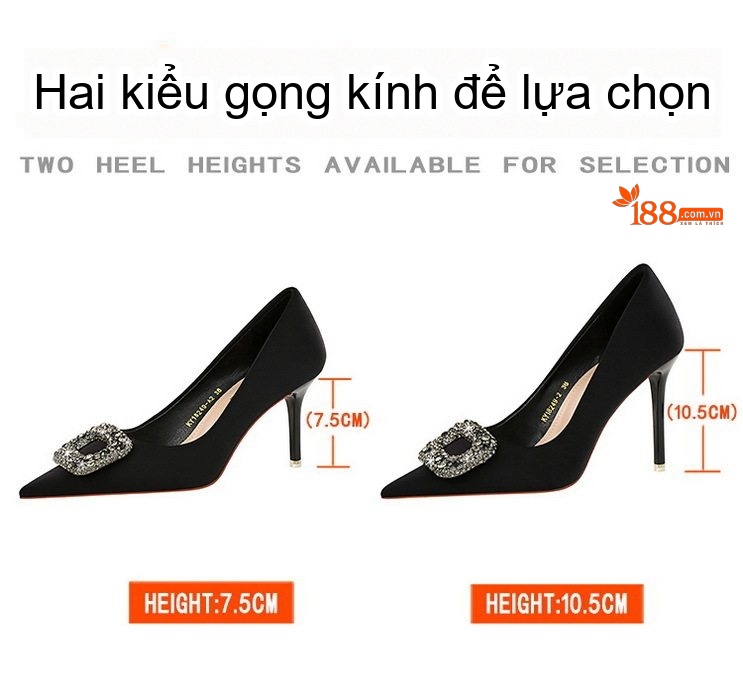 Giày Cao Gót Nữ Quai Kim Loại Đính Đá Chiều Cao Đế 7.5cm Chất Liệu Lụa Satin Màu Đen chi tiết 2