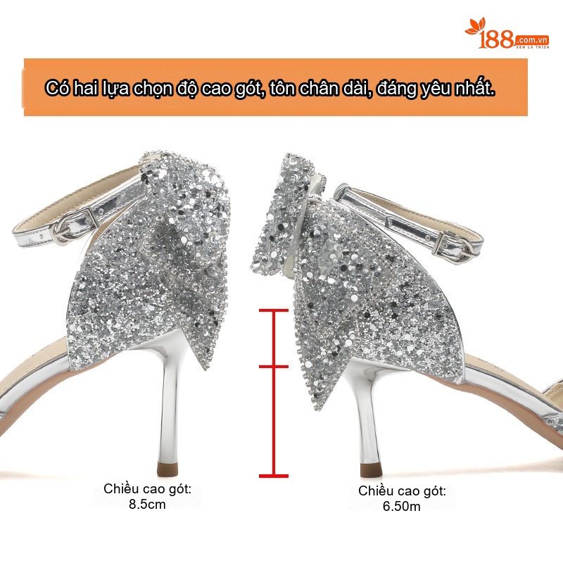Giày Cao Gót Nữ Quai Mảnh Bít Mũi Đính Đá Chiều Cao Đế 8.5cm Màu Bạc