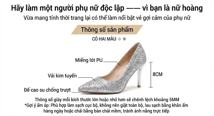 Giày Cao Gót Nữ Quai Mảnh Bít Mũi Đính Đá Chiều Cao Đế 8.5cm Màu Bạc chi tiết 3