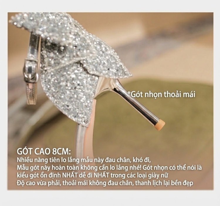 Giày Cao Gót Nữ Quai Mảnh Bít Mũi Đính Đá Chiều Cao Đế 8.5cm Màu Bạc chi tiết 8