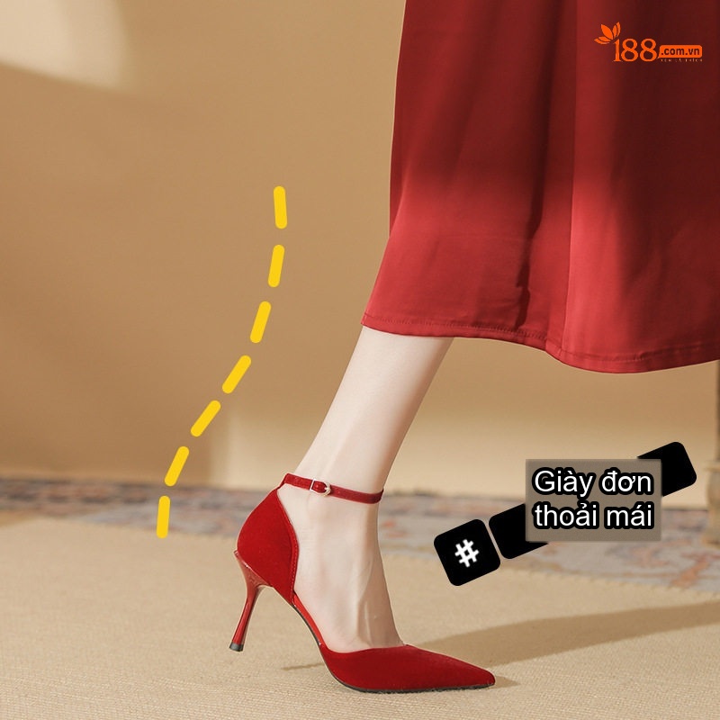 Giày Cao Gót Nữ Quai Mảnh Hở Lưng Chất Nỉ Chiều Cao Đế Khoảng 7cm Màu Đỏ