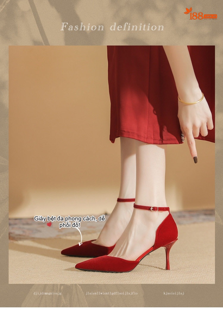 Giày Cao Gót Nữ Quai Mảnh Hở Lưng Chất Nỉ Chiều Cao Đế Khoảng 7cm Màu Đỏ chi tiết 1