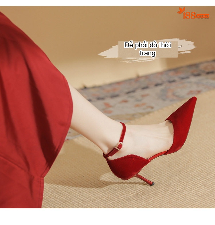 Giày Cao Gót Nữ Quai Mảnh Hở Lưng Chất Nỉ Chiều Cao Đế Khoảng 7cm Màu Đỏ chi tiết 2