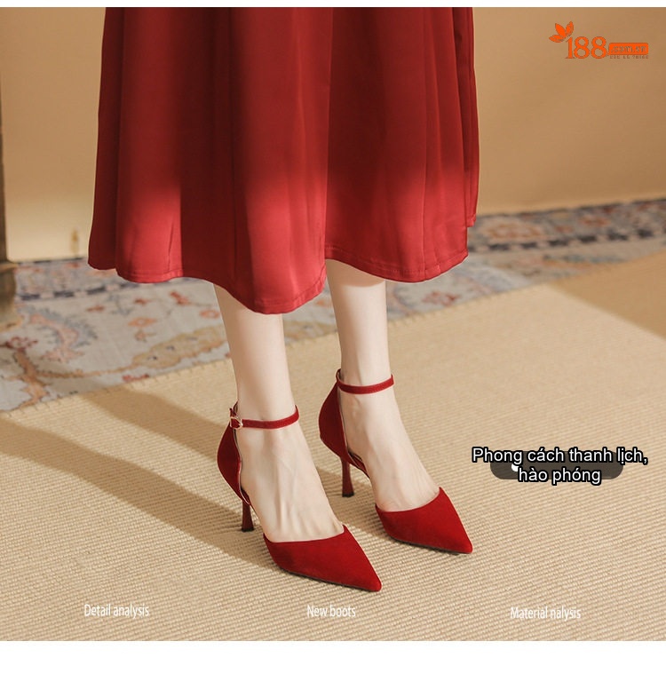 Giày Cao Gót Nữ Quai Mảnh Hở Lưng Chất Nỉ Chiều Cao Đế Khoảng 7cm Màu Đỏ chi tiết 5