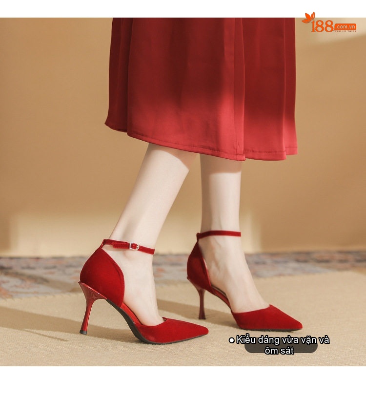 Giày Cao Gót Nữ Quai Mảnh Hở Lưng Chất Nỉ Chiều Cao Đế Khoảng 7cm Màu Đỏ chi tiết 6