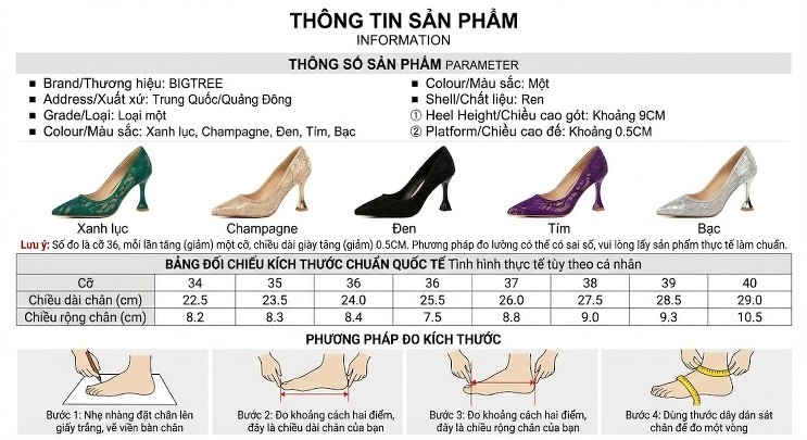 Giày Cao Gót Nữ Quai Mảnh Ren Họa Tiết Chiều Cao Đế Khoảng 8cm Màu Đen, Xanh Lá, Hồng chi tiết 1