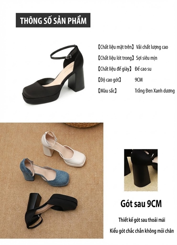 Giày Cao Gót Nữ Quai Ngang Đế Vuông Chiều Cao Đế Khoảng 7cm Da Bóng Màu Đen, Trắng, Xanh Dương chi tiết 2