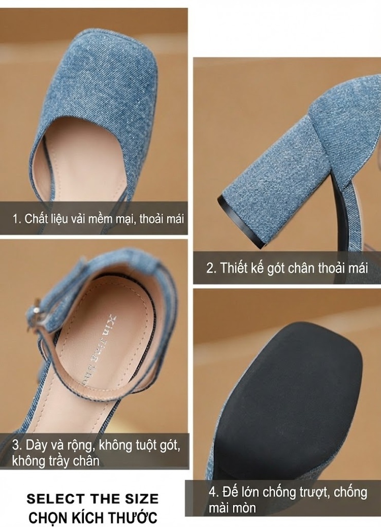 Giày Cao Gót Nữ Quai Ngang Đế Vuông Chiều Cao Đế Khoảng 7cm Da Bóng Màu Đen, Trắng, Xanh Dương chi tiết 3