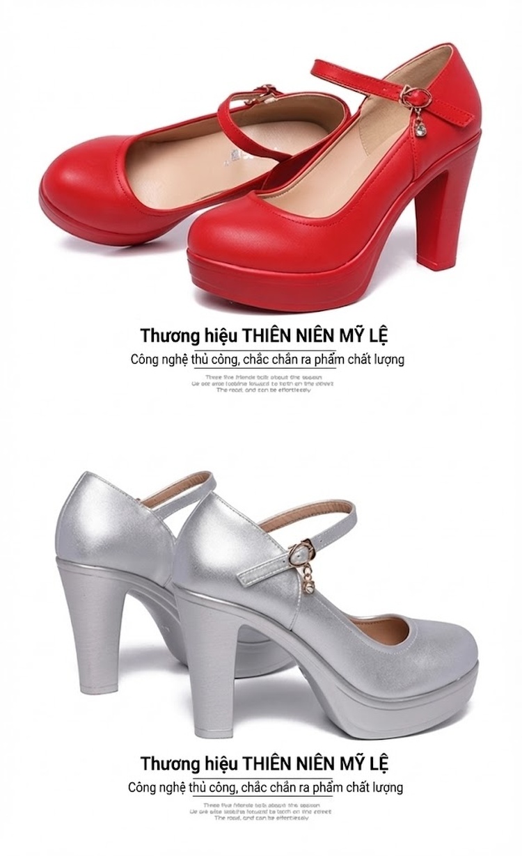 Giày Cao Gót Nữ Quai Ngang Đế Xuồng Bít Mũi Chiều Cao Đế Khoảng 8cm Màu Đen, Đỏ, Trắng, Bạc chi tiết 17