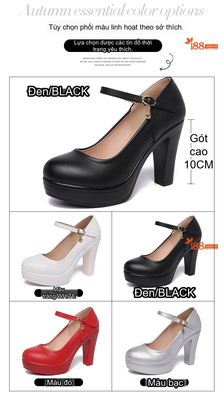 Giày Cao Gót Nữ Quai Ngang Đế Xuồng Bít Mũi Chiều Cao Đế Khoảng 8cm Màu Đen, Đỏ, Trắng, Bạc chi tiết 4