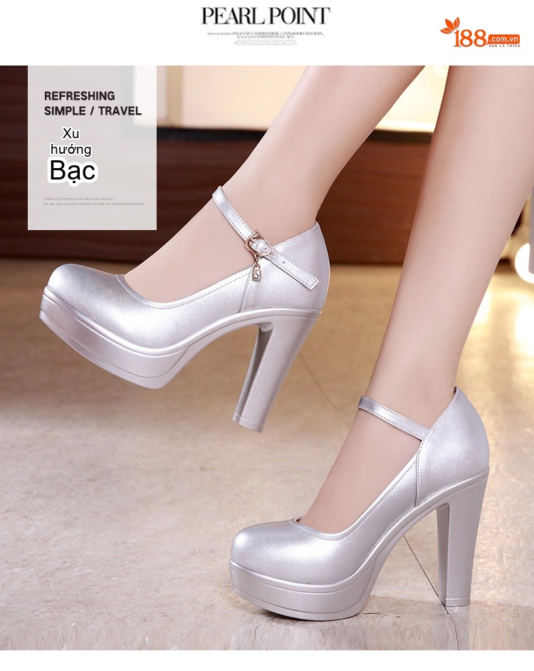 Giày Cao Gót Nữ Quai Ngang Đế Xuồng Bít Mũi Chiều Cao Đế Khoảng 8cm Màu Đen, Đỏ, Trắng, Bạc chi tiết 14
