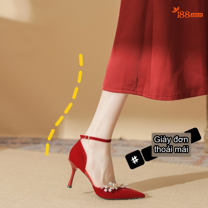 Giày Cao Gót Nữ Quai Ngang Gót Nhọn Da Mờ Chiều Cao Đế Khoảng 7cm Màu Đỏ