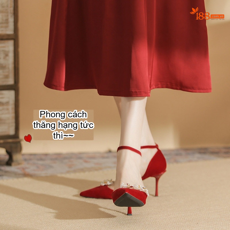 Giày Cao Gót Nữ Quai Ngang Gót Nhọn Da Mờ Chiều Cao Đế Khoảng 7cm Màu Đỏ
