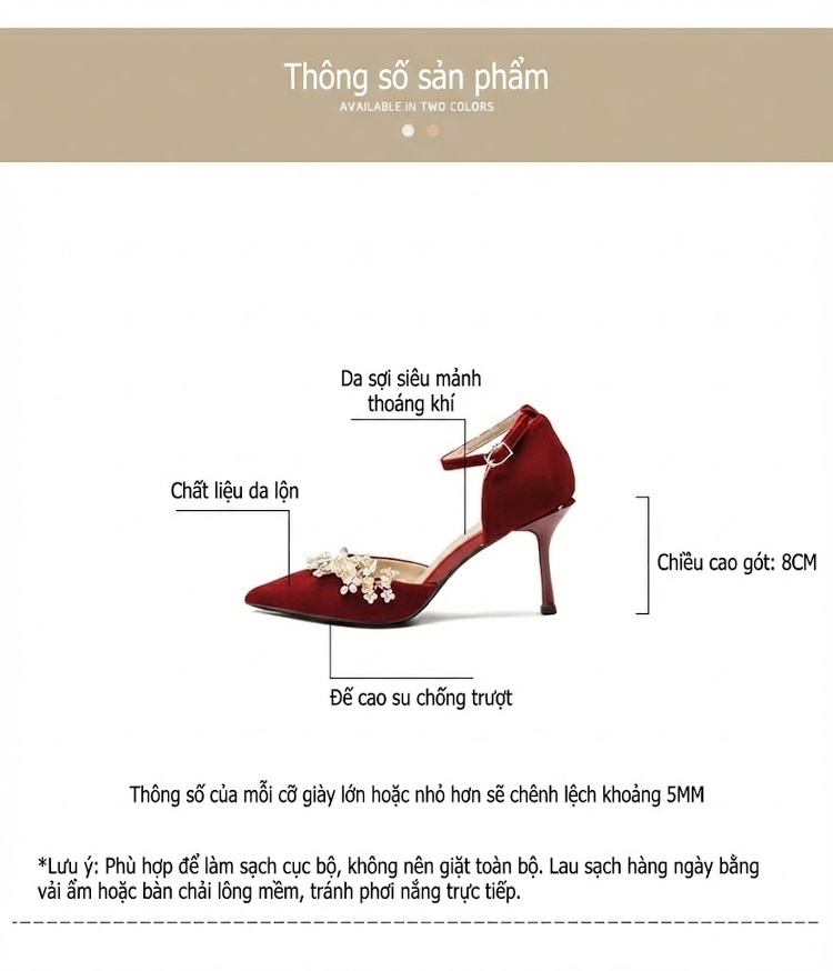 Giày Cao Gót Nữ Quai Ngang Gót Nhọn Da Mờ Chiều Cao Đế Khoảng 7cm Màu Đỏ chi tiết 4
