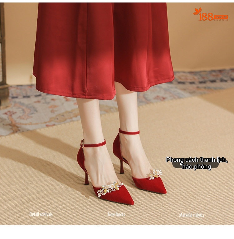 Giày Cao Gót Nữ Quai Ngang Gót Nhọn Da Mờ Chiều Cao Đế Khoảng 7cm Màu Đỏ chi tiết 5