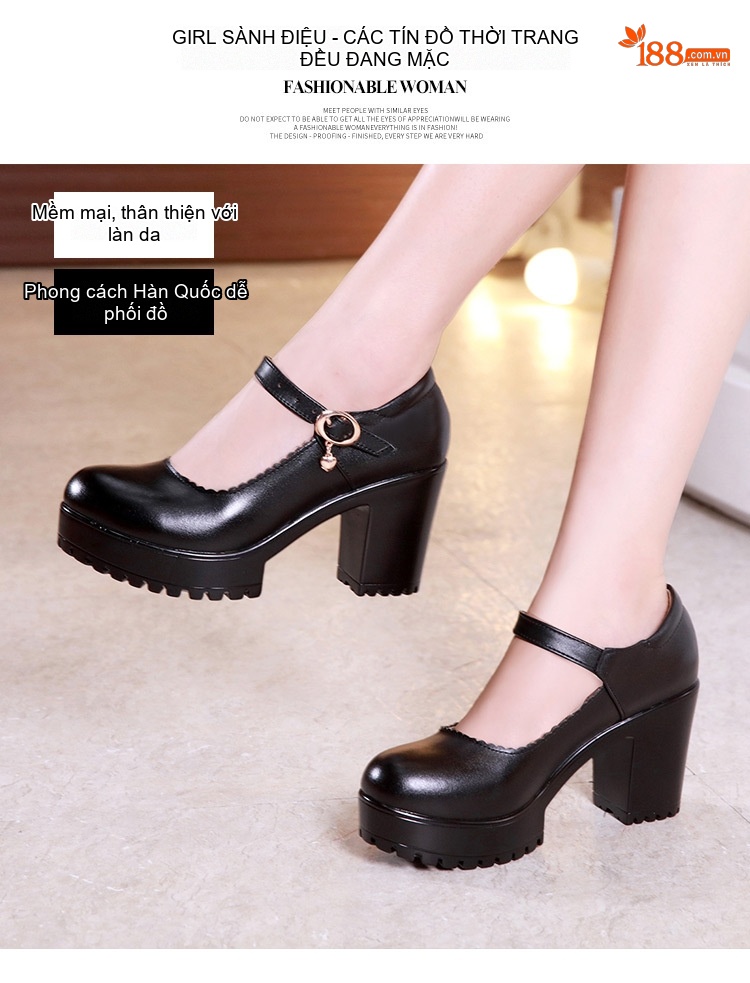 Giày Cao Gót Nữ Quai Ngang Mũi Tròn Chiều Cao Đế 8cm Màu Đen, Đỏ, Trắng, Bạc chi tiết 3