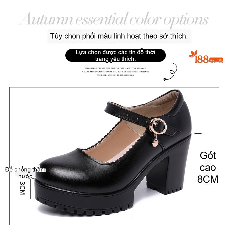 Giày Cao Gót Nữ Quai Ngang Mũi Tròn Chiều Cao Đế 8cm Màu Đen, Đỏ, Trắng, Bạc chi tiết 4