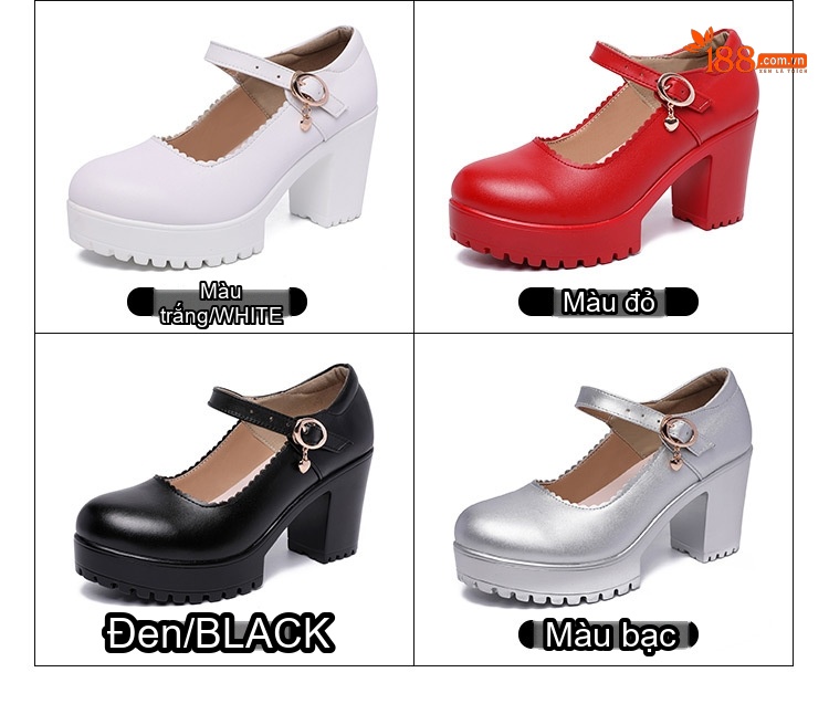 Giày Cao Gót Nữ Quai Ngang Mũi Tròn Chiều Cao Đế 8cm Màu Đen, Đỏ, Trắng, Bạc chi tiết 5