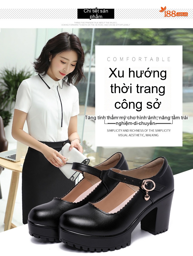 Giày Cao Gót Nữ Quai Ngang Mũi Tròn Chiều Cao Đế 8cm Màu Đen, Đỏ, Trắng, Bạc chi tiết 6