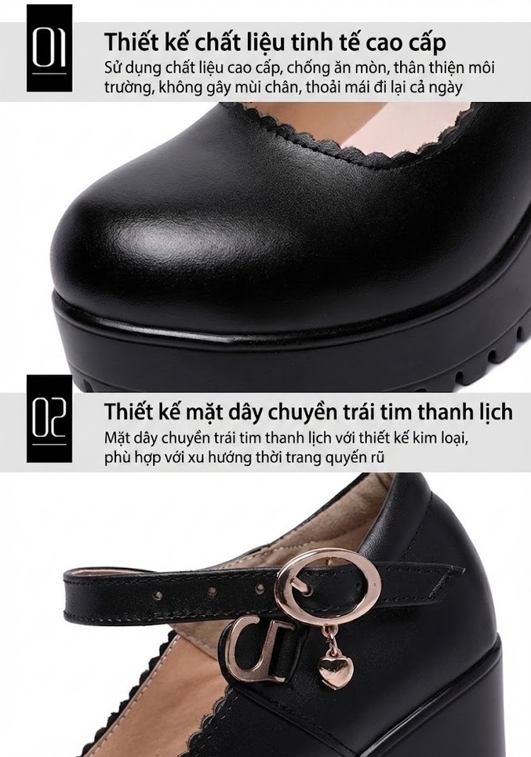 Giày Cao Gót Nữ Quai Ngang Mũi Tròn Chiều Cao Đế 8cm Màu Đen, Đỏ, Trắng, Bạc chi tiết 7