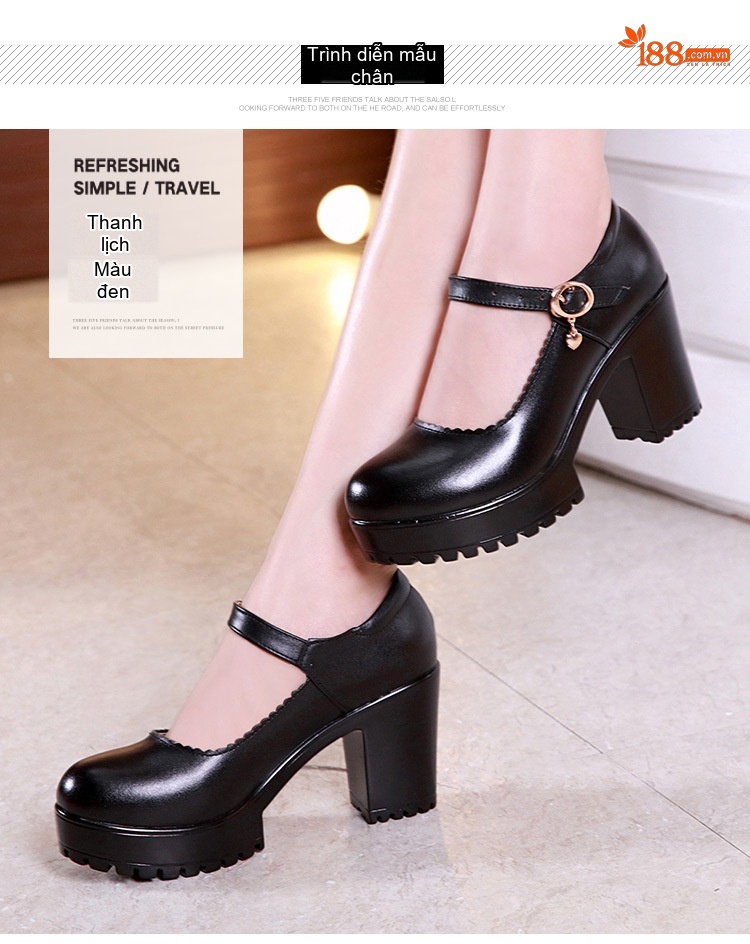 Giày Cao Gót Nữ Quai Ngang Mũi Tròn Chiều Cao Đế 8cm Màu Đen, Đỏ, Trắng, Bạc chi tiết 9