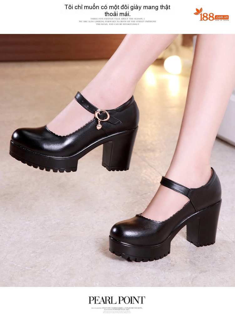 Giày Cao Gót Nữ Quai Ngang Mũi Tròn Chiều Cao Đế 8cm Màu Đen, Đỏ, Trắng, Bạc chi tiết 10