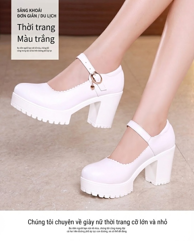 Giày Cao Gót Nữ Quai Ngang Mũi Tròn Chiều Cao Đế 8cm Màu Đen, Đỏ, Trắng, Bạc chi tiết 11