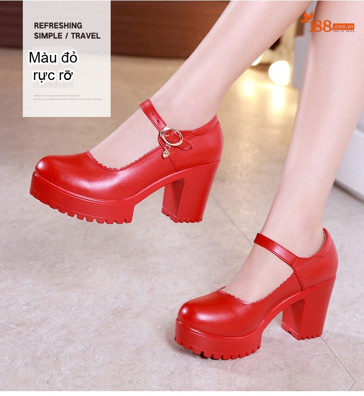 Giày Cao Gót Nữ Quai Ngang Mũi Tròn Chiều Cao Đế 8cm Màu Đen, Đỏ, Trắng, Bạc chi tiết 13