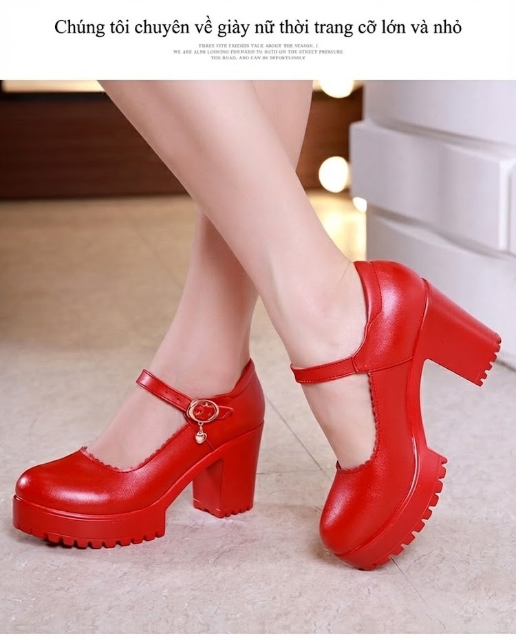 Giày Cao Gót Nữ Quai Ngang Mũi Tròn Chiều Cao Đế 8cm Màu Đen, Đỏ, Trắng, Bạc chi tiết 14