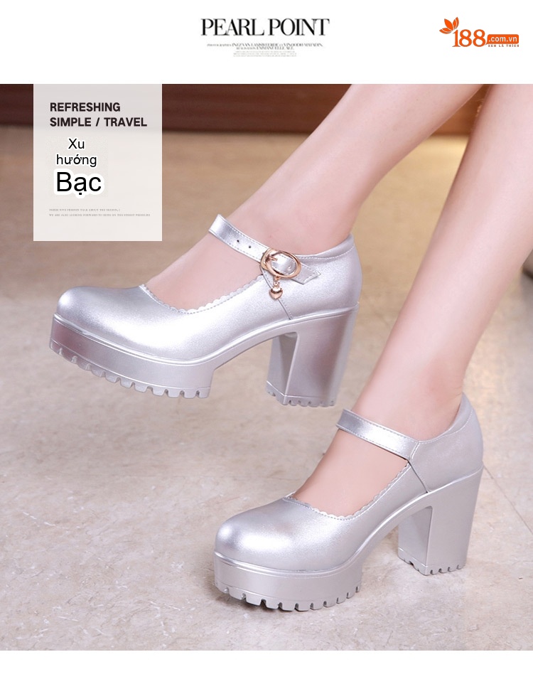 Giày Cao Gót Nữ Quai Ngang Mũi Tròn Chiều Cao Đế 8cm Màu Đen, Đỏ, Trắng, Bạc chi tiết 15