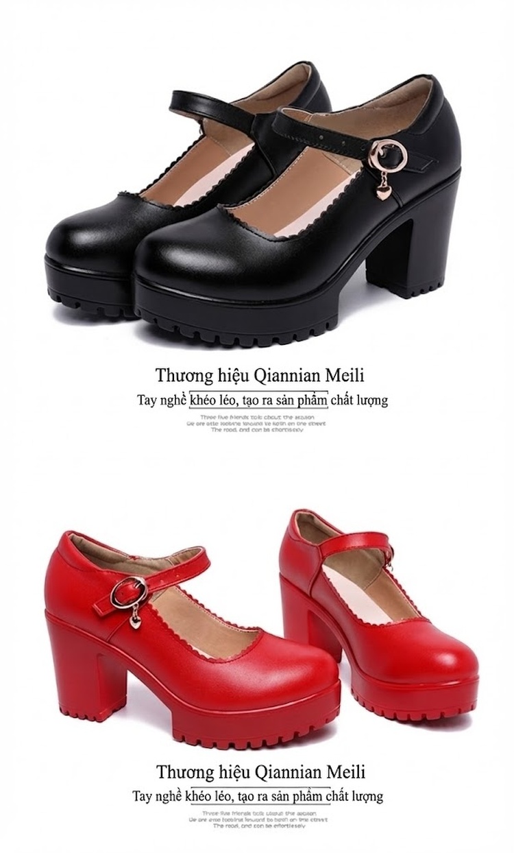 Giày Cao Gót Nữ Quai Ngang Mũi Tròn Chiều Cao Đế 8cm Màu Đen, Đỏ, Trắng, Bạc chi tiết 18