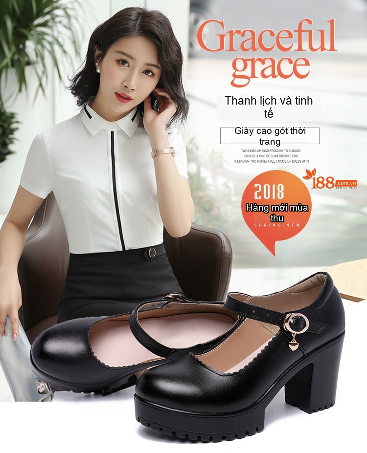 Giày Cao Gót Nữ Quai Ngang Mũi Tròn Chiều Cao Đế 8cm Màu Đen, Đỏ, Trắng, Bạc chi tiết 1