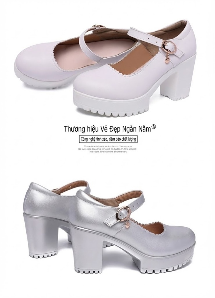 Giày Cao Gót Nữ Quai Ngang Mũi Tròn Chiều Cao Đế 8cm Màu Đen, Đỏ, Trắng, Bạc chi tiết 19