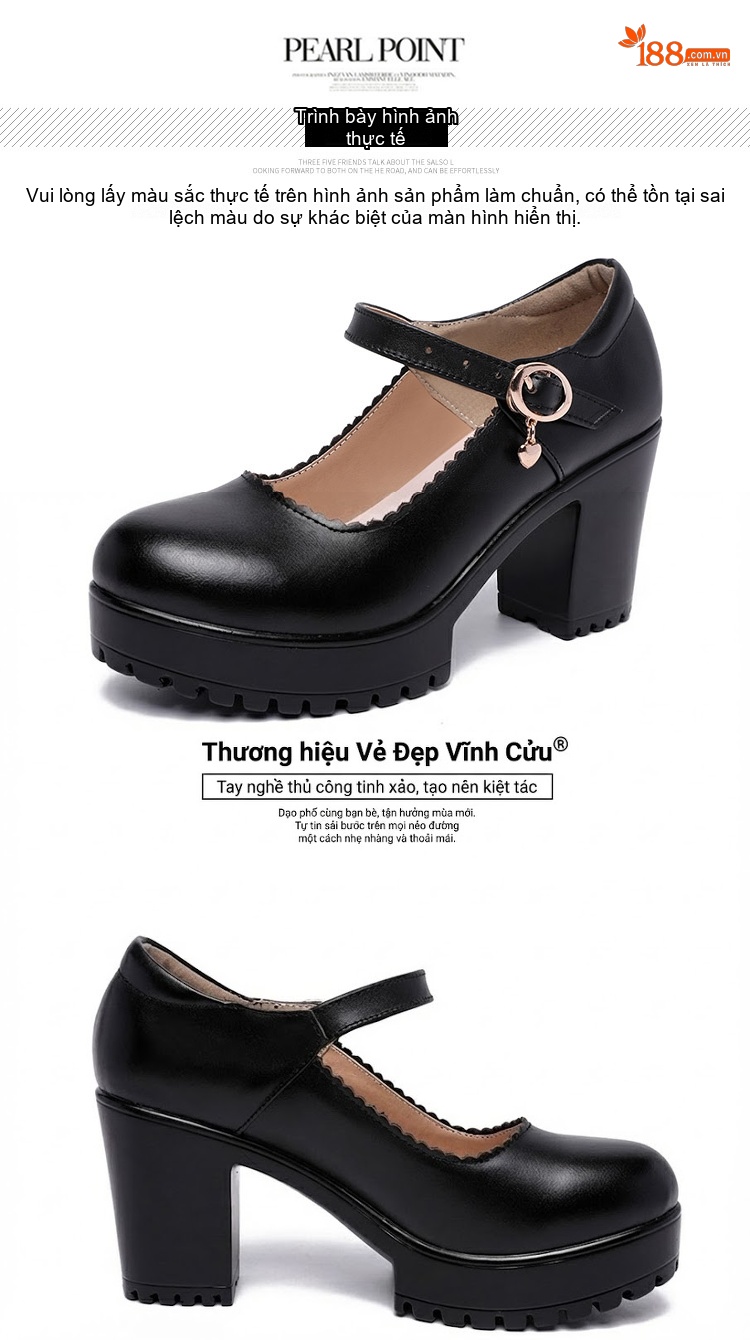 Giày Cao Gót Nữ Quai Ngang Mũi Tròn Chiều Cao Đế 8cm Màu Đen, Đỏ, Trắng, Bạc chi tiết 16
