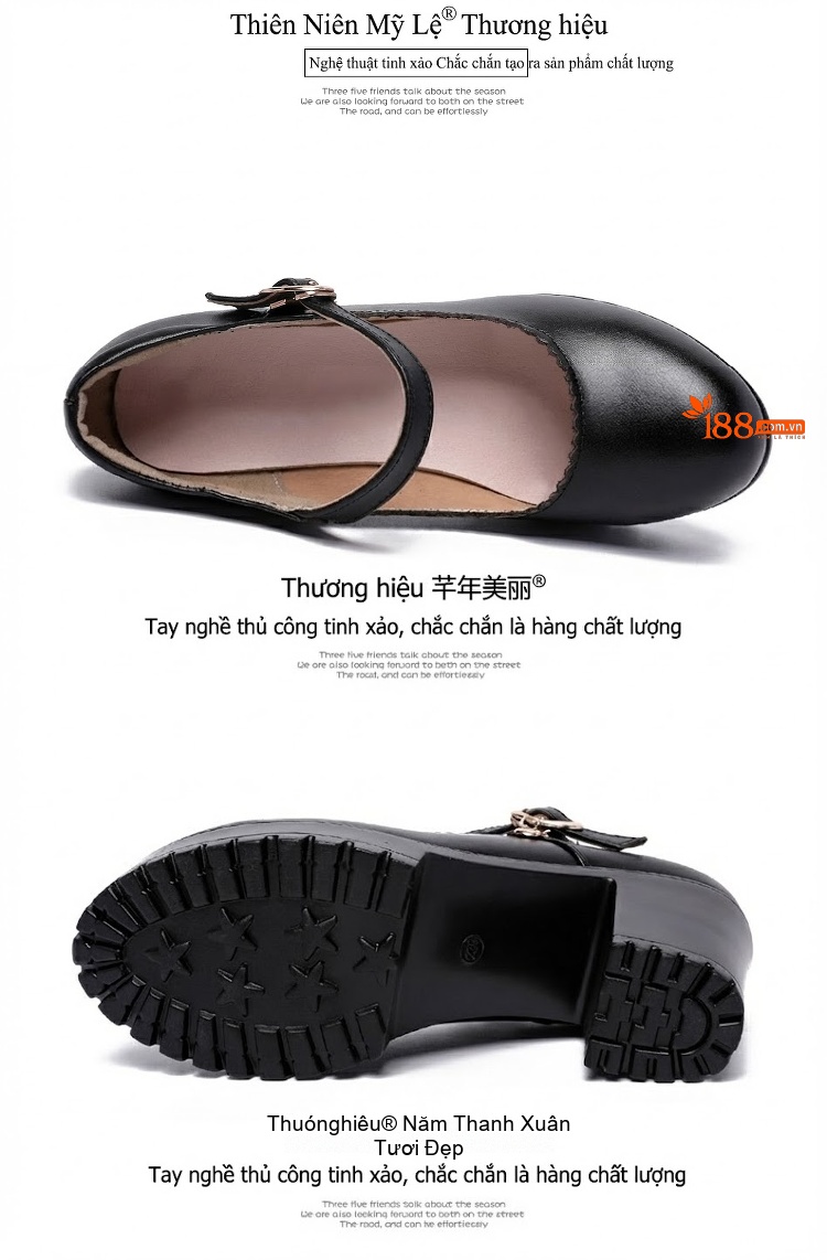 Giày Cao Gót Nữ Quai Ngang Mũi Tròn Chiều Cao Đế 8cm Màu Đen, Đỏ, Trắng, Bạc chi tiết 17