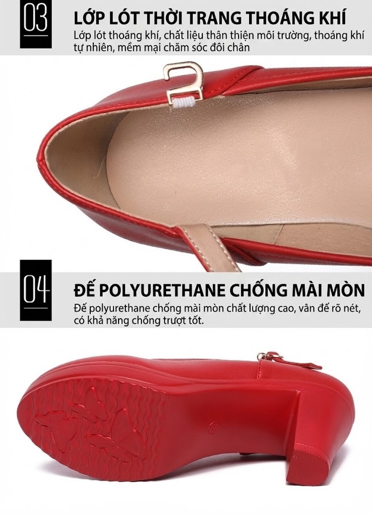 Giày Cao Gót Nữ Quai Ngang Mũi Tròn Chiều Cao Đế Khoảng 6cm Màu Đỏ, Trắng, Đen, Bạc... chi tiết 8