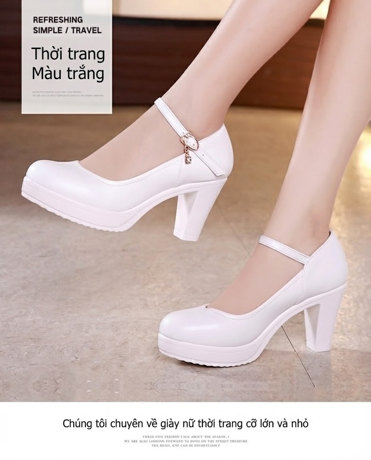 Giày Cao Gót Nữ Quai Ngang Mũi Tròn Chiều Cao Đế Khoảng 6cm Màu Đỏ, Trắng, Đen, Bạc... chi tiết 11