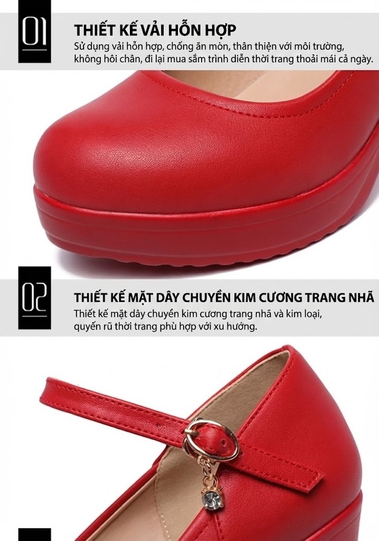 Giày Cao Gót Nữ Quai Ngang Mũi Tròn Chiều Cao Đế Khoảng 6cm Màu Đỏ, Trắng, Đen, Bạc... chi tiết 7