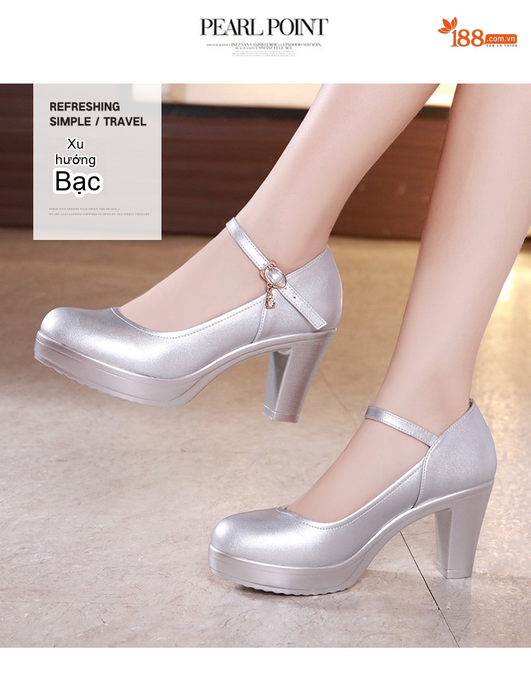 Giày Cao Gót Nữ Quai Ngang Mũi Tròn Chiều Cao Đế Khoảng 6cm Màu Đỏ, Trắng, Đen, Bạc... chi tiết 15