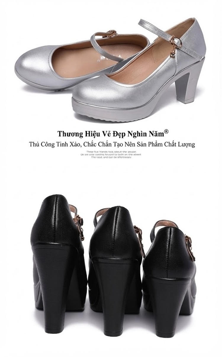Giày Cao Gót Nữ Quai Ngang Mũi Tròn Chiều Cao Đế Khoảng 6cm Màu Đỏ, Trắng, Đen, Bạc... chi tiết 18