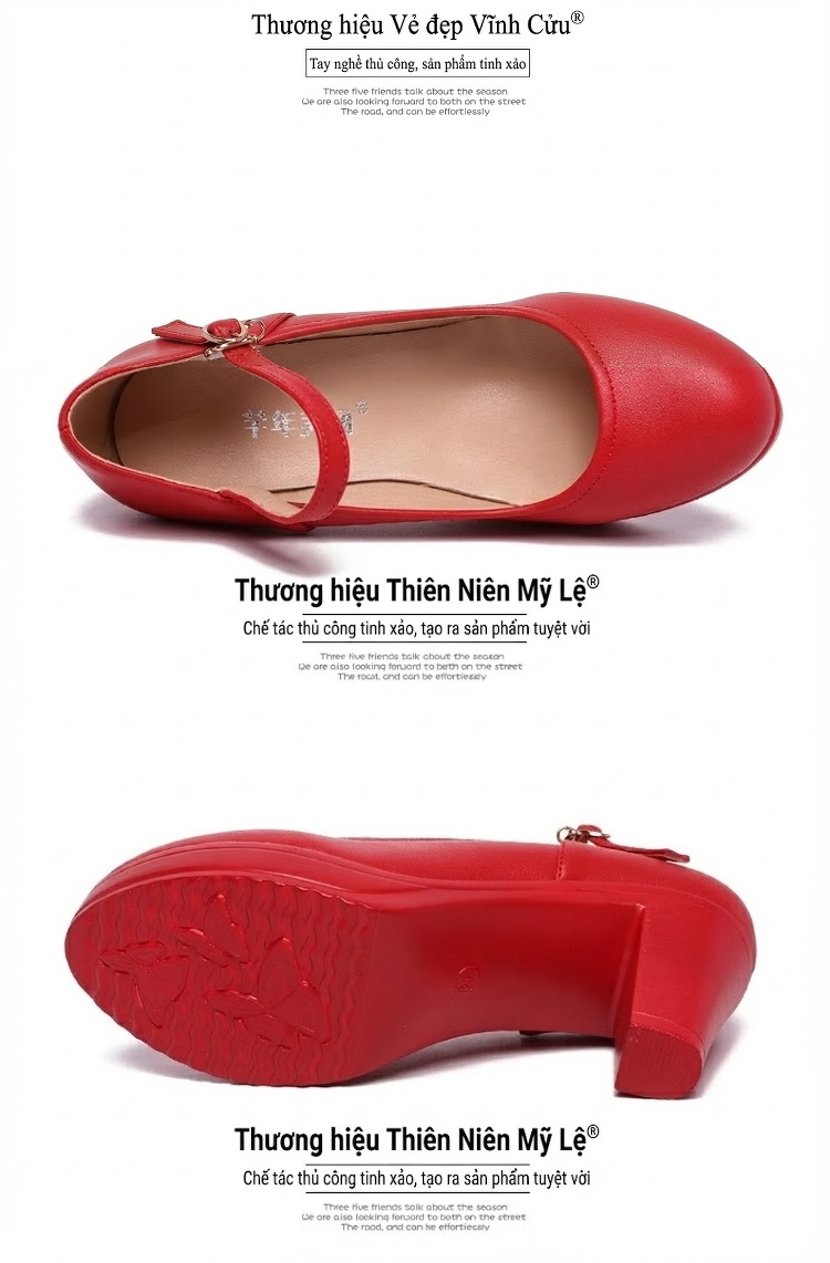 Giày Cao Gót Nữ Quai Ngang Mũi Tròn Chiều Cao Đế Khoảng 6cm Màu Đỏ, Trắng, Đen, Bạc... chi tiết 16