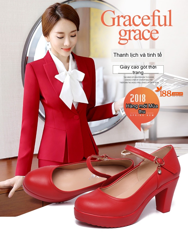 Giày Cao Gót Nữ Quai Ngang Mũi Tròn Chiều Cao Đế Khoảng 6cm Màu Đỏ, Trắng, Đen, Bạc... chi tiết 1