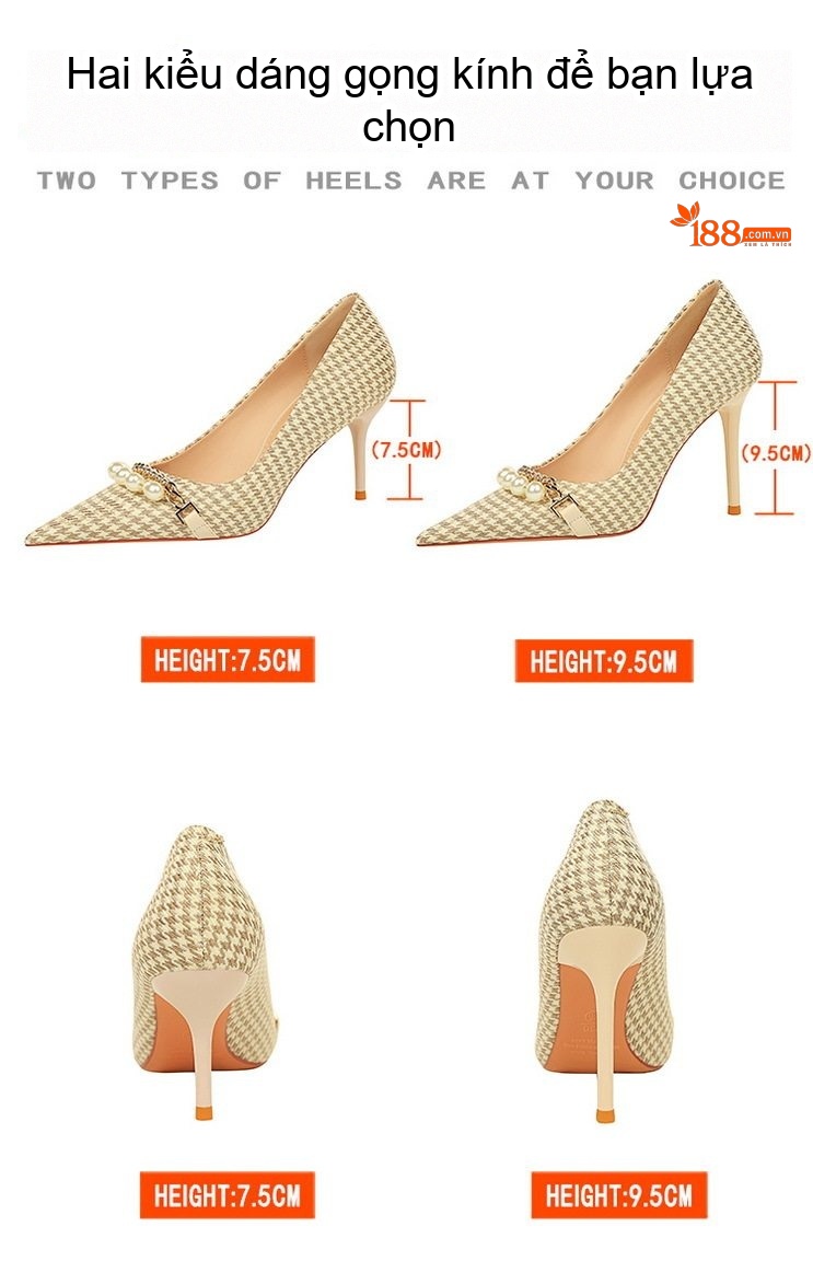 Giày Cao Gót Nữ Vải Họa Tiết Houndstooth Chiều Cao Đế Khoảng 6cm Đính Hạt chi tiết 2